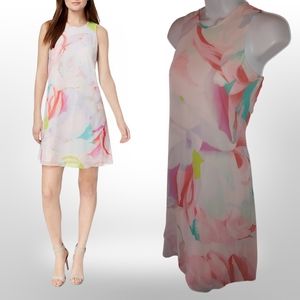 Calvin Klein Sleeveless Floral Trapeze Dress, Size 2, Pink White Green